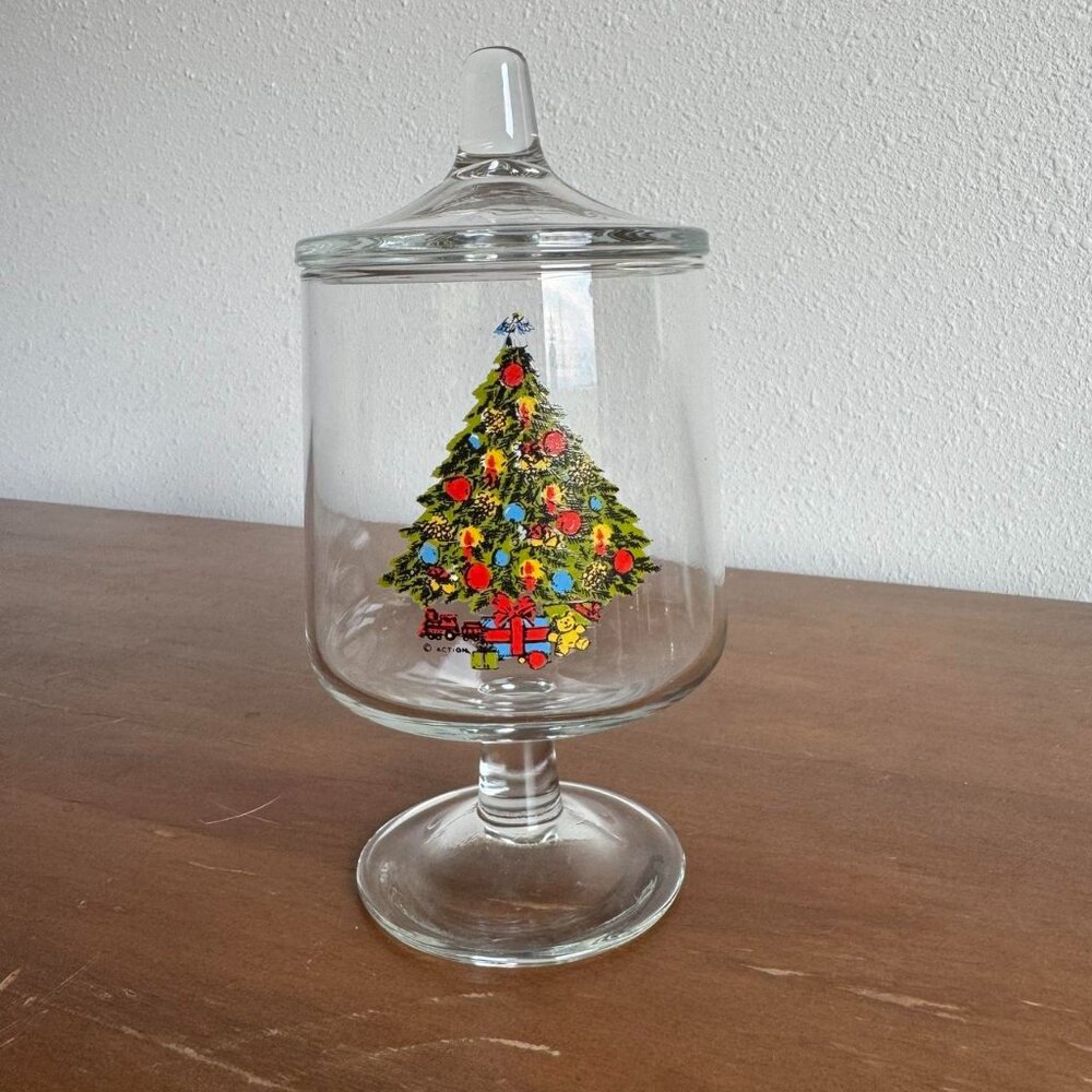 Vintage Carlton Christmas Footed Glass Candy Jar with Lid